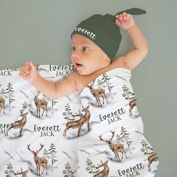 Buck Swaddle Set with Name- Blanket Beanie Hat - Personalized Baby Boy Deer Blanket Newborn Hospital Photo -Woodland Blanket- Baby Gift -326