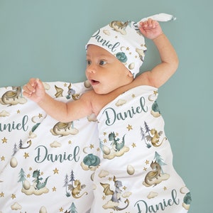 Conjunto de pañales para bebé con nombre, gorro de manta, manta personalizada para bebé, foto de hospital para recién nacido, manta de dragón, regalo para bebé 322