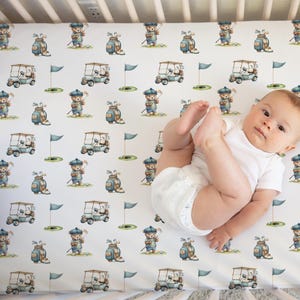 Golf ledikantlaken - babyjongen golf kinderkamer beddengoed - babycadeau voor golfer - teddybeer beddengoed - golfkar patroon - aangepast golfthema sh364