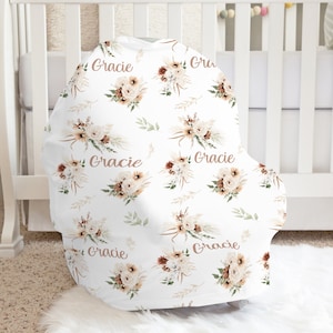 Boho Carseat Canopy - Pokrowiec na fotelik samochodowy dla dziewczynki z kwiatowym wzorem - Elastyczny pokrowiec, pokrowiec do karmienia, Personalizowany pokrowiec na fotelik samochodowy dla dziewczynki - Prezent na Baby Shower