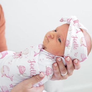 Under the Sea Swaddle Set- Baby Girl Swaddle Blanket with Ocean Creatures - Hospital outfit - Newborn photos- Pink Sea Turtle Blanket - S317
