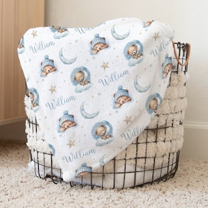 Teddy Bear Baby Blanket, Sleepy Bear Personalized Baby Blanket, Stars Moon Baby Boy Blanket, Baby Shower Gift, Teddy Bear Toddler Gift  340