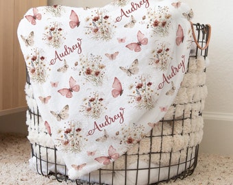 Personalized Wildflower Blanket, Custom Butterfly Name Blanket,  Nature Aesthetic Blanket, Baby Girl Shower gift,  Toddler girl gift  363