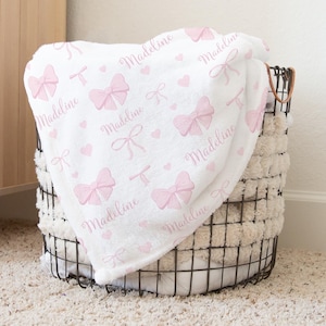 Manta de lazo rosa personalizada, manta con nombre personalizado, manta estética coqueta, regalo de baby shower para niña, manta con nombre, guardería para niñas 362