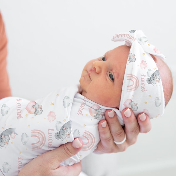 Baby Girl Elephant Swaddle Set - Custom Blanket Headband- Personalized Baby Girl Blanket -Newborn Hospital Photo -Baby Shower Gift 318