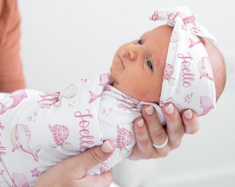 Under the Sea Swaddle Set- Baby Girl Swaddle Blanket with Ocean Creatures - Hospital outfit - Newborn photos- Pink Sea Turtle Blanket - S317