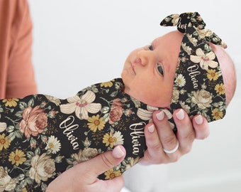 Vintage Blumen Swaddle Set- Personalisierte Baby Mädchen Swaddle Decke mit Vintage Rosen- Krankenhaus Outfit S351