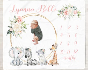 Floral Safari Milestone Blanket  Personalized Baby Girl Blanket Monthly Blanket- Floral Wreath Custom Jungle Animals Baby Shower Gift M104