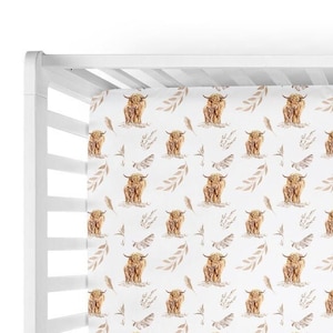 Baby Highland Cow Crib Sheet for Baby Boy Farm Nursery- Custom Boho Baby Bedding - Custom Neutral Crib Sheet - Baby Boy Shower Gift -PS311