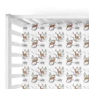 Woodland Deer Crib Sheet -Deer Nursery Bedding- Watercolor Woodland Patterned Crib Sheet -Baby Shower Gift- Deer Hunting Baby Bedding -PS303