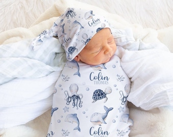 Conjunto de pañales con temática del océano personalizado - Manta de pañales personalizada para niño - Criaturas marinas - Manta para bebé bajo el mar - Manta náutica para bebé s352