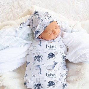Custom Ocean Themed Swaddle Set - Personalized Boy Swaddle Blanket Sea Creatures -Under The Sea Baby Blanket- Nautical Baby Blanket s352
