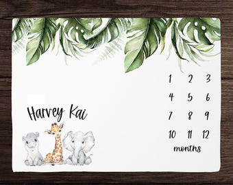 Safari Meilenstein Decke Junge - Monatliches Wachstum Decke - Personalisierte Baby Jungen Decke mit Dschungeltieren Baby Shower Geschenk Kundenspezifische Baby Bettwäsche