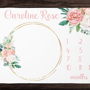 Perzik bloemen mijlpaal deken meisje maandelijkse groei deken-gepersonaliseerde baby meisje deken kraamcadeau aangepaste babydeken voor foto&#39;s
