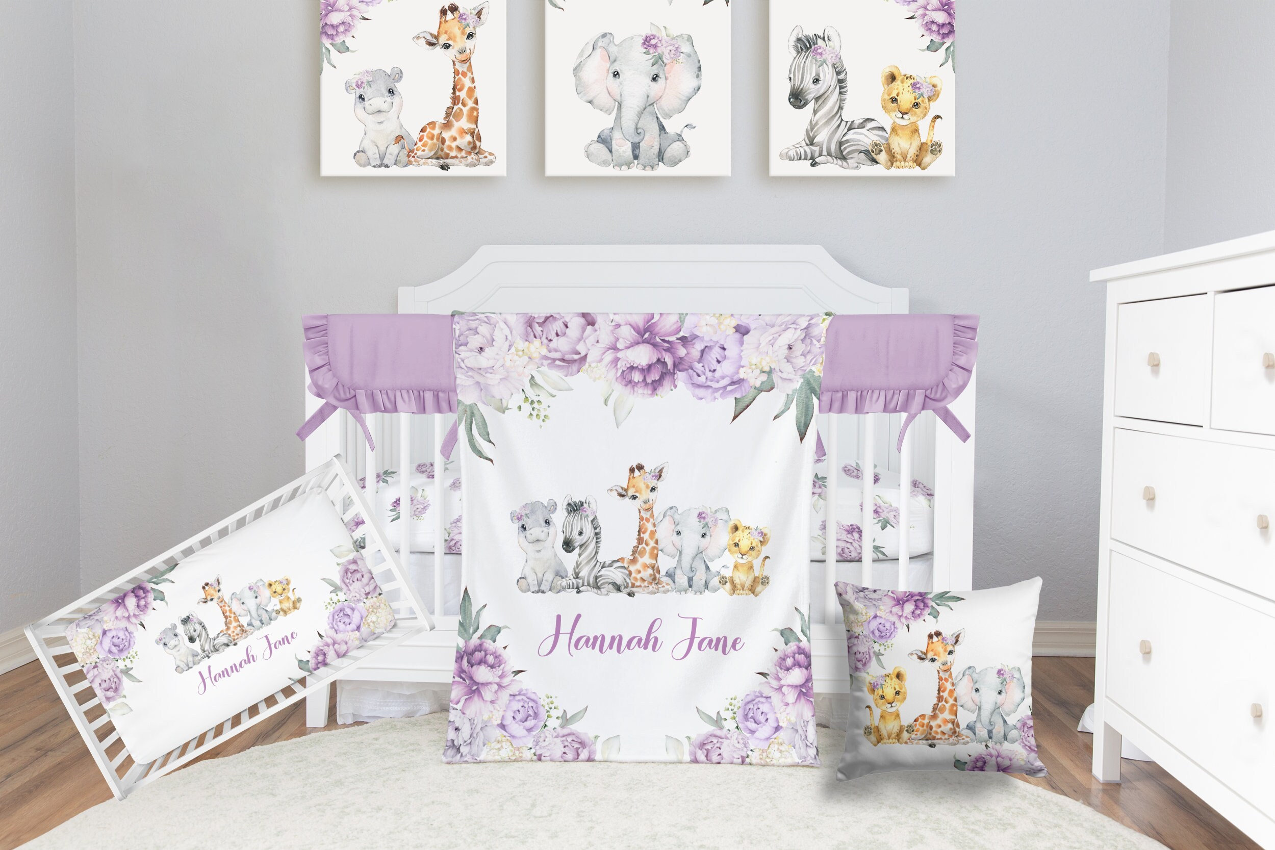 Safari Crib Bedding Set, Personalized Baby Girl Blanket, Safari Animal Nursery Set Baby Girl Bedding Set Safari Crib Sheet, Elephant Bedding