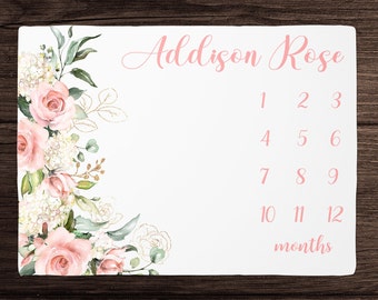 Pink Floral Milestone Blanket Girl Monthly Growth Blanket-Personalized Baby Girl Blanket with Golden Wreath -Baby Shower Gift Custom Baby