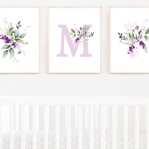 Lavender Floral Wall Art - Printable Nursery Wall Art - Baby Girl Nursery Canvases, Watercolor Lilac Greenery Art- Purple Floral Nursery 325