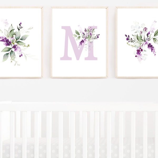 Lavender Floral Wall Art - Printable Nursery Wall Art - Baby Girl Nursery Canvases, Watercolor Lilac Greenery Art- Purple Floral Nursery 325