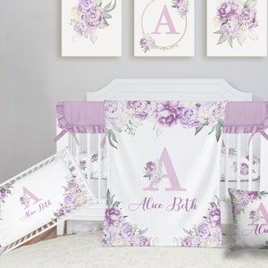Lilac Floral Crib Bedding Set, Personalized Baby Girl Blanket, Purple Floral Nursery -Baby Girl Nursery Set -Baby Girl Bedding Set CS304