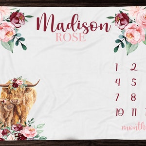 Floral Highland Cow Milestone Blanket -Burgundy Blush Month Blanket- Personalized Baby Girl Milestone Blanket -Farmgirl Baby Shower Gift 327