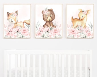 Floral Woodland Animals Wall Art- Printable Girl Woodland Nursery Wall Art - Blush Floral Forest Animal Art -Baby Girl Woodland wall art 328