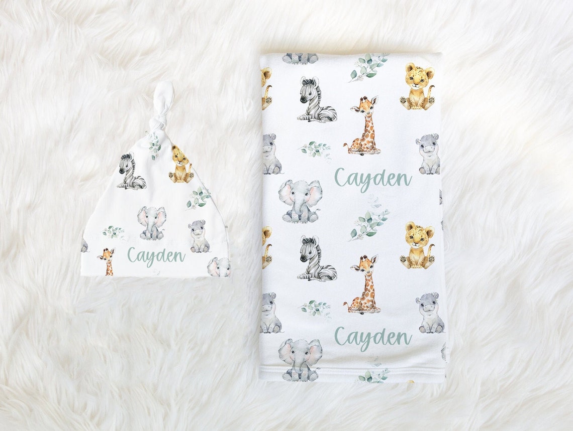 Baby Boy Swaddle Set With Name Blanket Beanie Hat Etsy