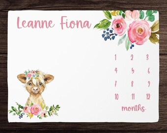 Highland Cow Milestone Blanket Girl- Floral Monthly Growth Blanket-Personalized Baby Girl Blanket with Cow - Custom Farm Baby Shower Gift -