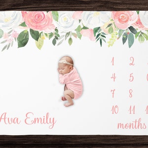 Blush Floral Milestone Blanket Girl- Monthly Growth Blanket-Personalized Baby Girl Blanket with Roses -Baby Shower Gift Custom Baby Blanket