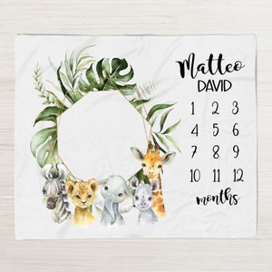 Safari Animal Milestone Blanket -Personalized Baby Boy Blanket with Elephant Lion Giraffe -Safari Nursery -Shower Gift Month Blanket M343