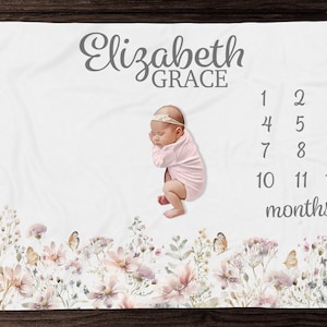 Baby Girl Wildflower Milestone Blanket - Soft Floral Month Blanket-Personalized Baby Girl Blanket -Newborn Photos- Baby Shower Gift -M312
