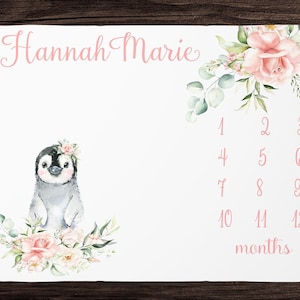Floral Penguin Milestone Blanket Girl Monthly Growth Blanket-Personalized Baby Girl Blanket - Penguin Nursery -Baby Girl Shower Gift