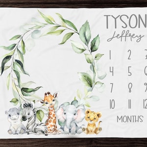 Safari Animal Milestone Blanket Gender Neutral Monthly Photos Blanket-Personalized Baby Boy Blanket with Safari Animals - Baby Shower Gift