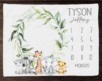 Safari Animal Milestone Blanket Gender Neutral Monthly Photos Blanket-Personalized Baby Boy Blanket with Safari Animals - Baby Shower Gift