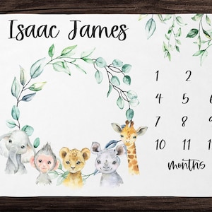 Safari Animal Milestone Blanket Boy Monthly Growth Blanket-Personalized Baby Boy Blanket with Watercolor Safari Animals - Baby Shower Gift