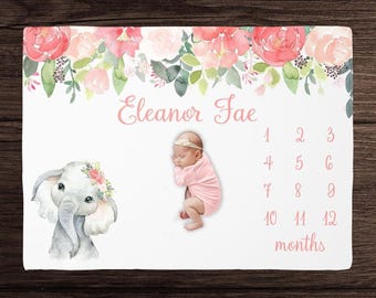 Elephant Milestone Blanket Girl -Monthly Growth Blanket-Personalized Baby Girl Blanket with Elephant-  Baby Shower Gift Custom Baby Blanket