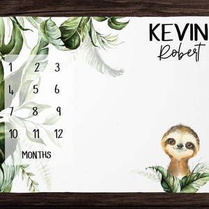 Sloth Milestone Blanket Boy Monthly Growth Blanket-Personalized Baby Boy Blanket with Jungle Leaves- Baby Shower Gift Jungle Nursery