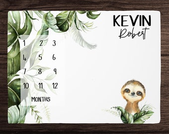 Sloth Milestone Blanket Boy Monthly Growth Blanket-Personalized Baby Boy Blanket with Jungle Leaves- Baby Shower Gift Jungle Nursery