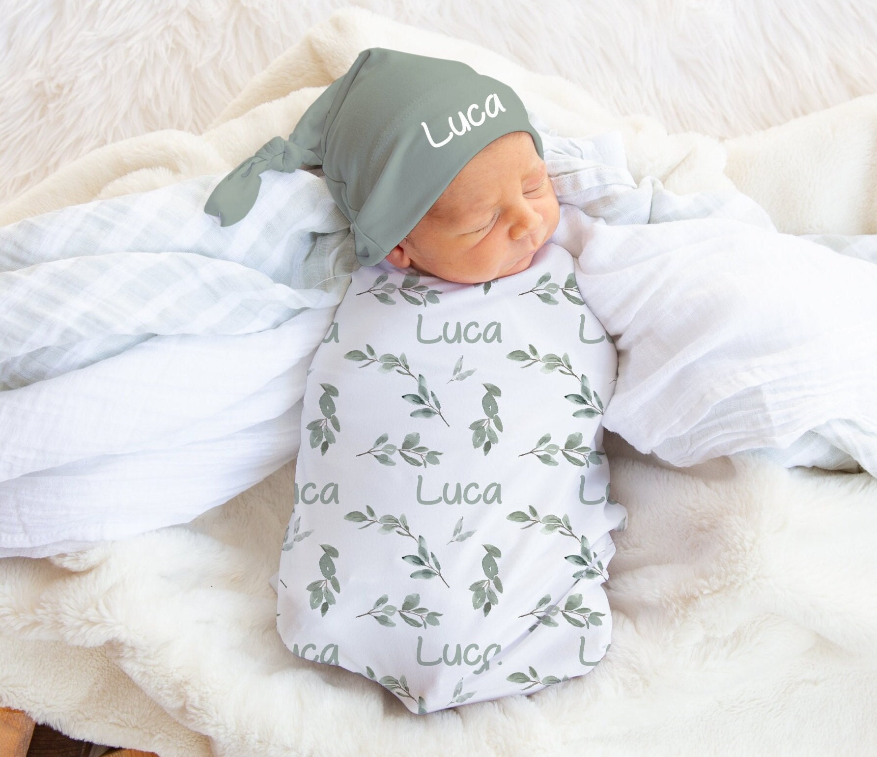 Baby Boy Swaddle Set With Name Blanket Beanie Hat Etsy