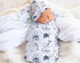 Custom Ocean Themed Swaddle Set - Personalized Boy Swaddle Blanket Sea Creatures -Under The Sea Baby Blanket- Nautical Baby Blanket s352