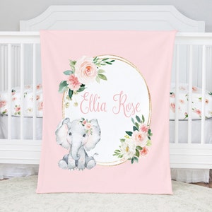 Blumen Elefant Baby Decke Mädchen - Personalisierte Baby Mädchen Decke -Blush Blumen Decke-Baby Shower Geschenk-Name Decke Elefant Baby Bettwäsche