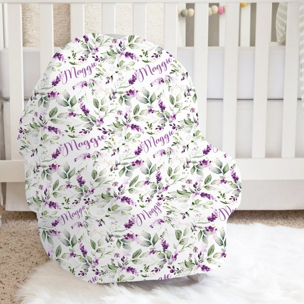 Cubierta de asiento de coche personalizada- Cubierta de asiento de coche floral de lavanda- Cubierta de asiento de coche de bebé niña personalizada- Cubierta elástica con nombre, regalo de baby shower -325