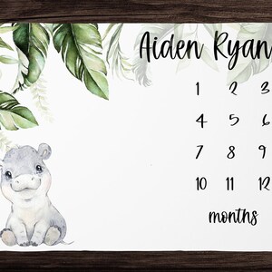 Hippo Milestone Blanket Boy Monthly Growth Blanket-Personalized Baby Boy Blanket with Safari Animals- Baby Shower Gift Jungle Nursery