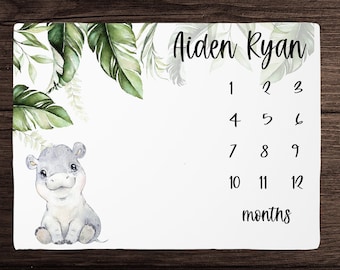 Hippo Milestone Blanket Boy Monthly Growth Blanket-Personalized Baby Boy Blanket with Safari Animals- Baby Shower Gift Jungle Nursery