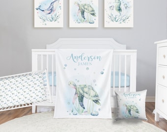Sea Turtle Bedding Set, Under The Sea Nursery, Sea Animal Baby Boy Bedding Set,  Crib Sheet, Personalized Baby Boy Blanket, Baby Shower Gift
