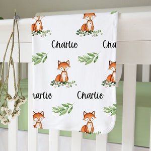 Fox Baby Blanket with Name- Baby Boy Blanket -Personalized Baby Blanket Boy- Baby Swaddle with Foxes -Woodland Baby Shower Gift- Fox Bedding