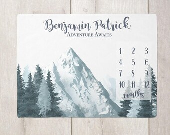 Mountain Milestone Blanket Boy Monthly Growth Blanket-Personalized Baby Boy Blanket with Moon and Trees Nature Scene- Baby Shower Gift