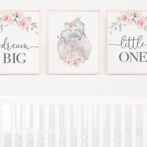Baby Girl Elephant Wall Art-  Elephant Nursery Wall Art - Floral Elephant Sleeping on Moon -Floral Elephant Nursery Canvases and Prints  321