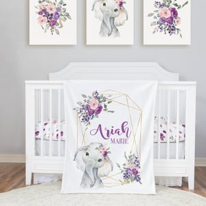 Elephant Baby Bedding Set, Purple Crib Bedding Set, Plum Floral Elephant Bedding, Personalized Crib Bedding Girl Floral Elephant Nursery image 2