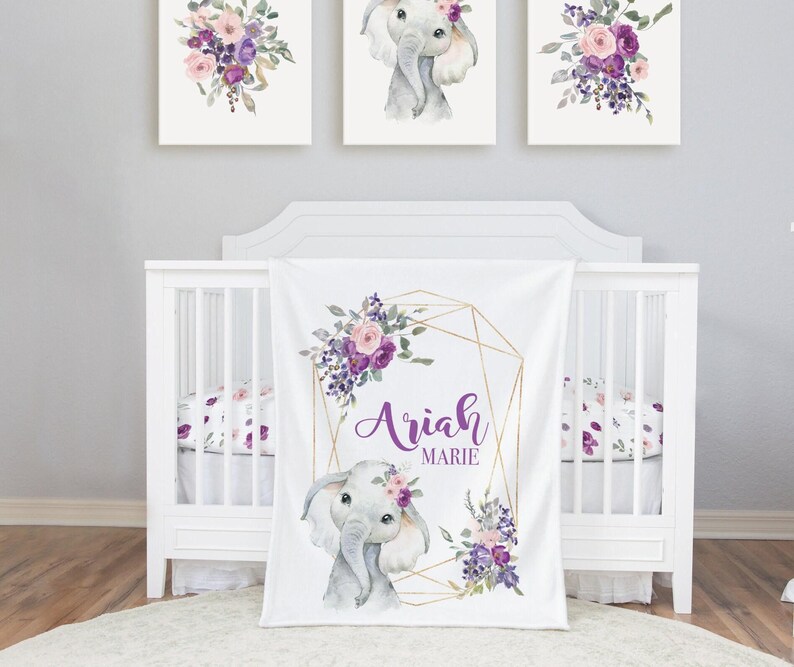 Elephant Baby Bedding Set, Purple Crib Bedding Set, Plum Floral Elephant Bedding, Personalized Crib Bedding Girl Floral Elephant Nursery image 2