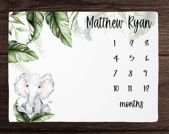 Elephant Milestone Blanket Boy -Personalized Baby Boy Blanket with Elephant Safari Baby Bedding -Elephant Baby Shower Gift -Jungle Leaves